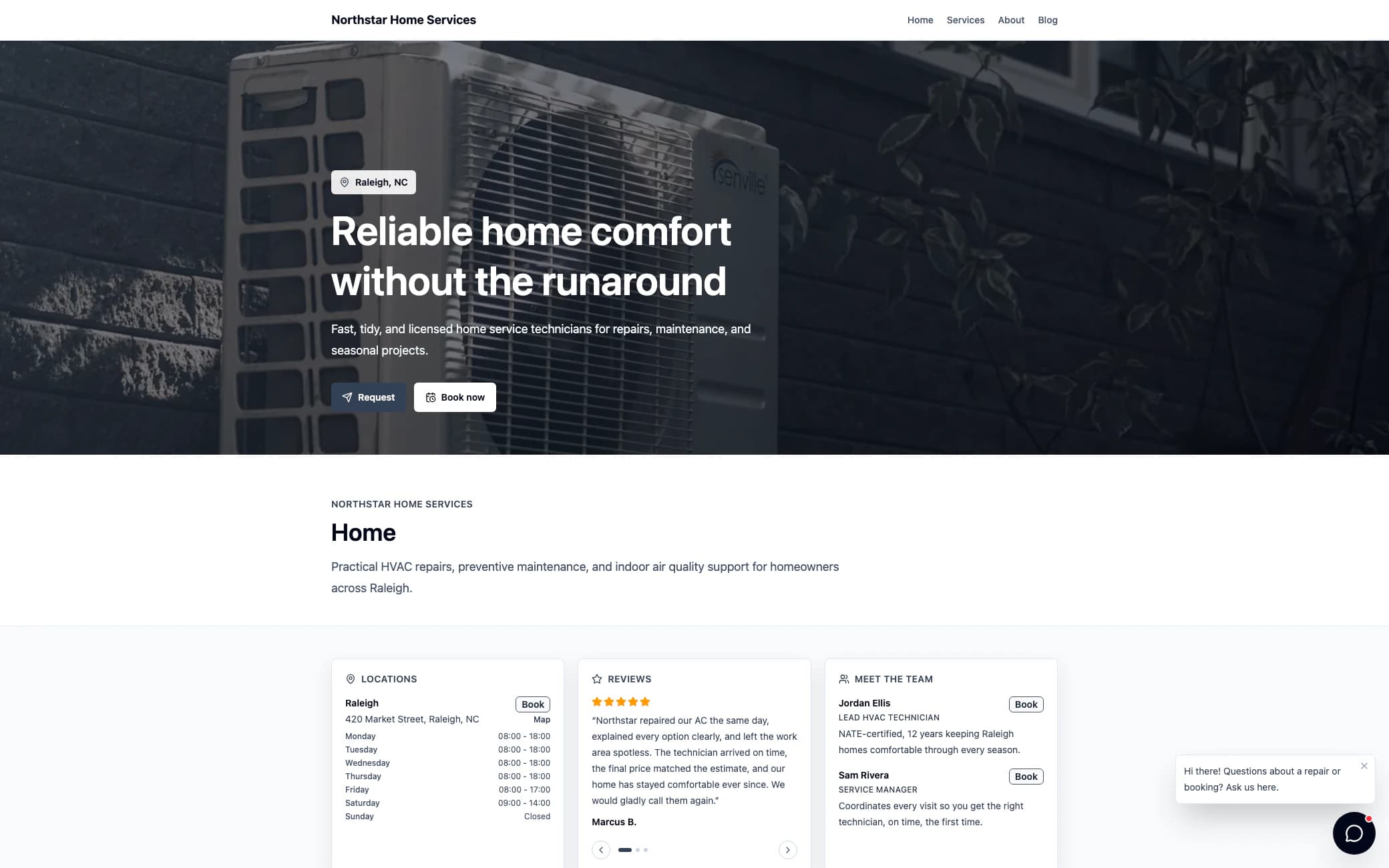 Northstar Home Services demo tenant homepage showing its hero, business hours, a customer review, team members, and chat greeting