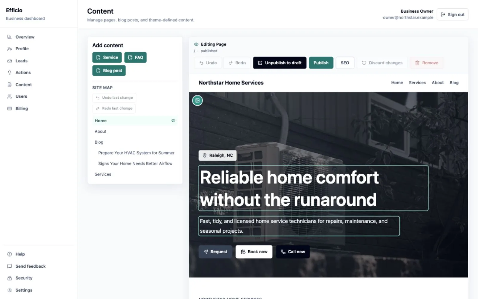 Efficio content editor showing a live preview of a home page alongside the editable site map