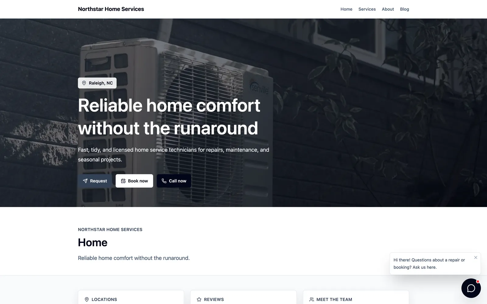 A tenant website with its question widget open in the corner of the page