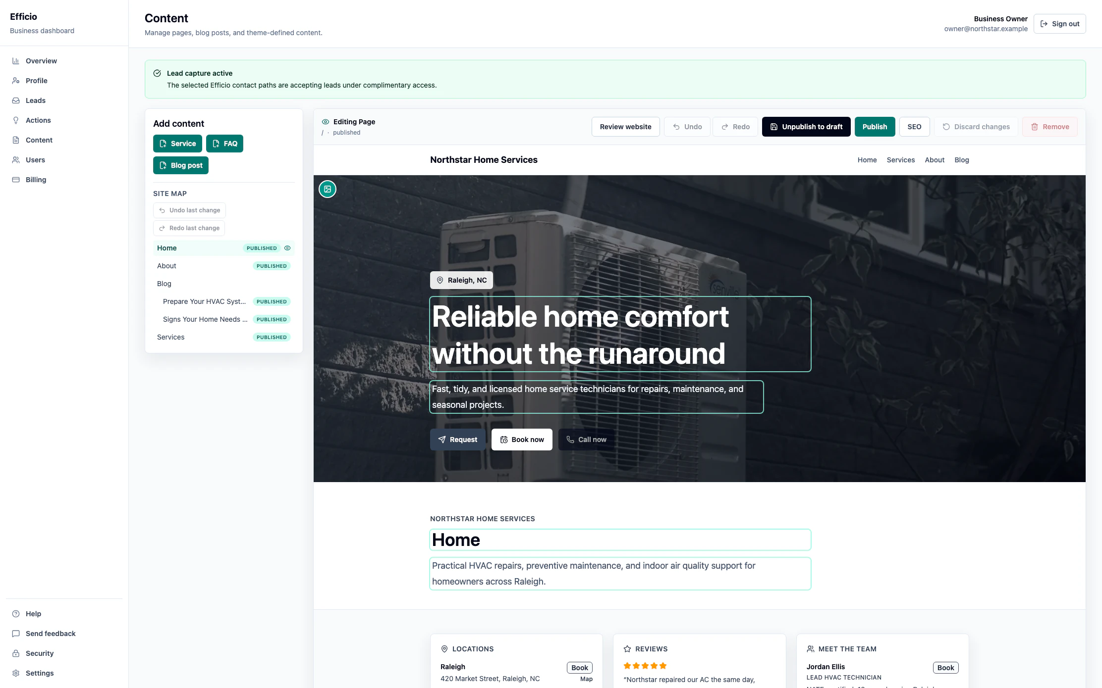 Efficio content editor showing a live preview of a home page alongside the editable site map
