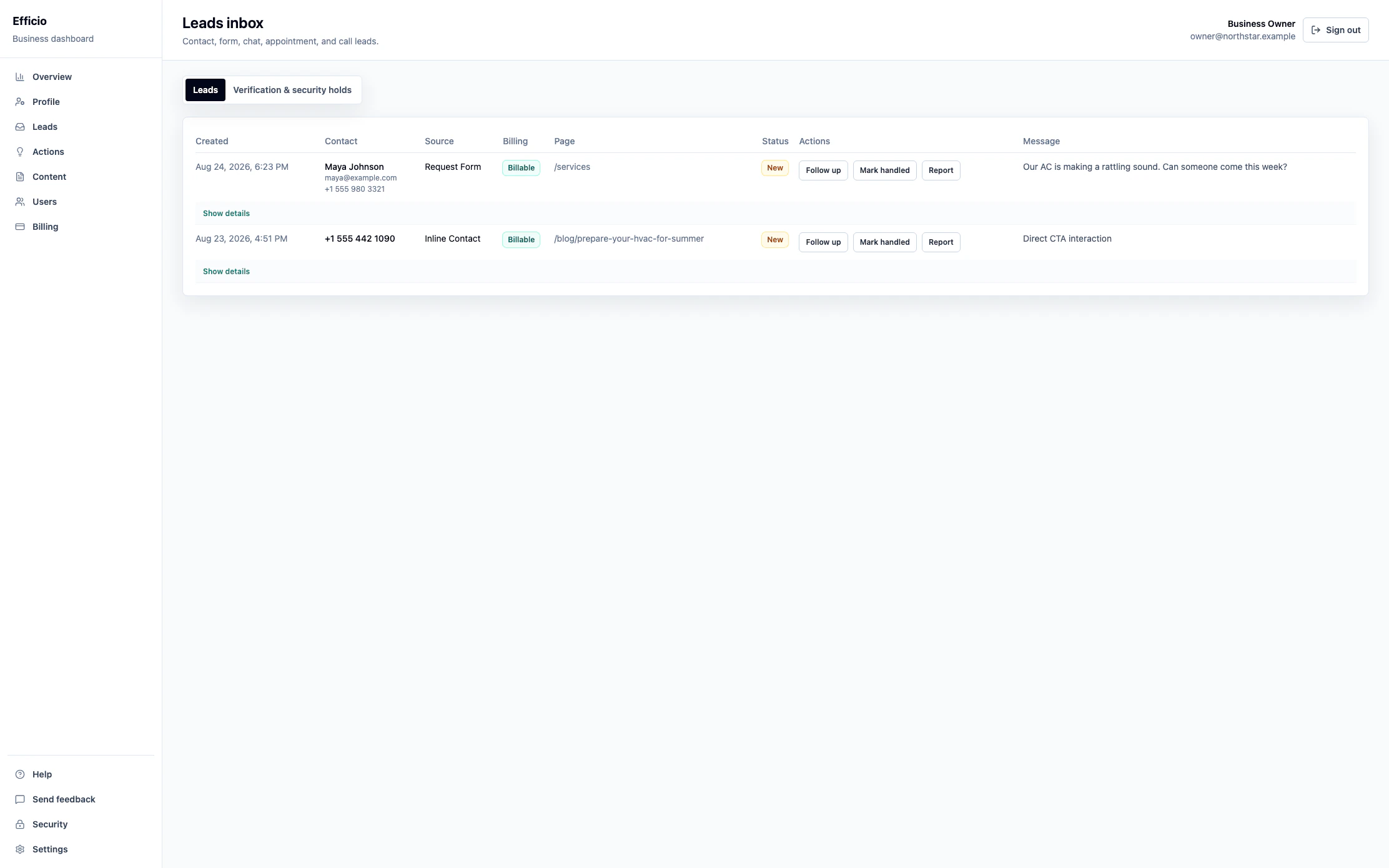 Example Leads inbox showing contact information, source, billing status, originating page, lead status, and action controls.