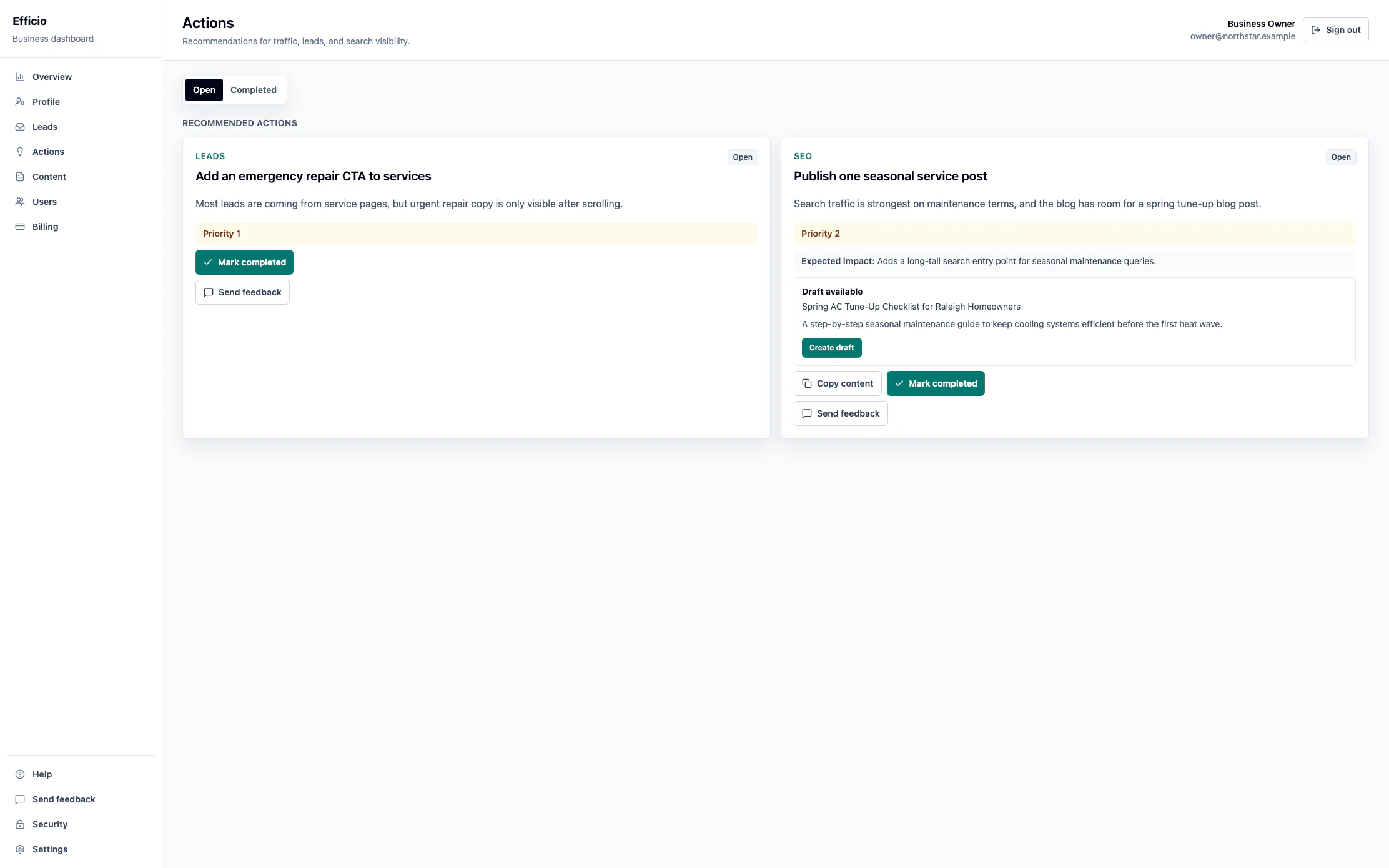 Example Actions page showing recommendation priorities, expected impact, Create draft, and Mark completed controls.