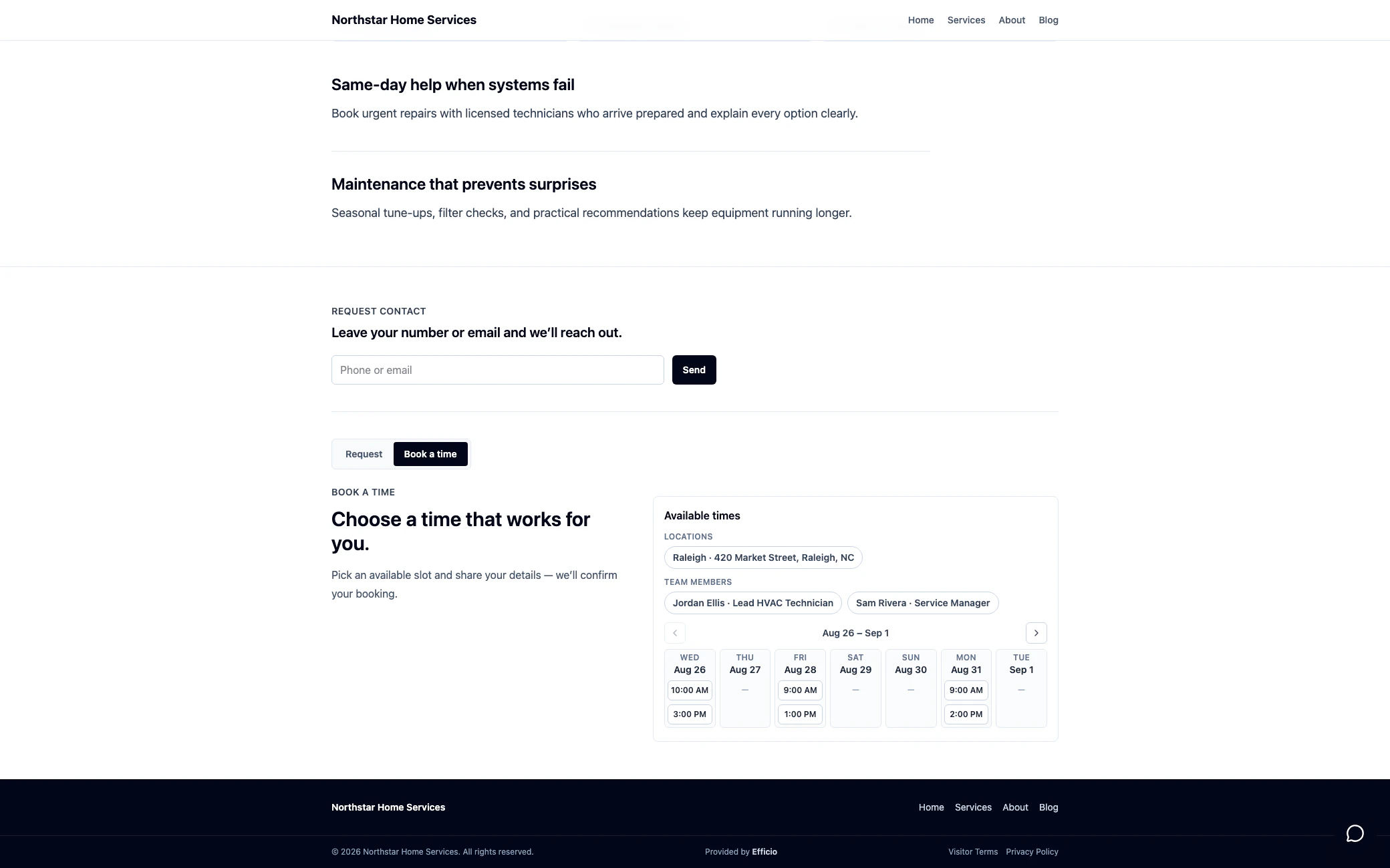 A tenant website booking widget showing available appointment times to choose from