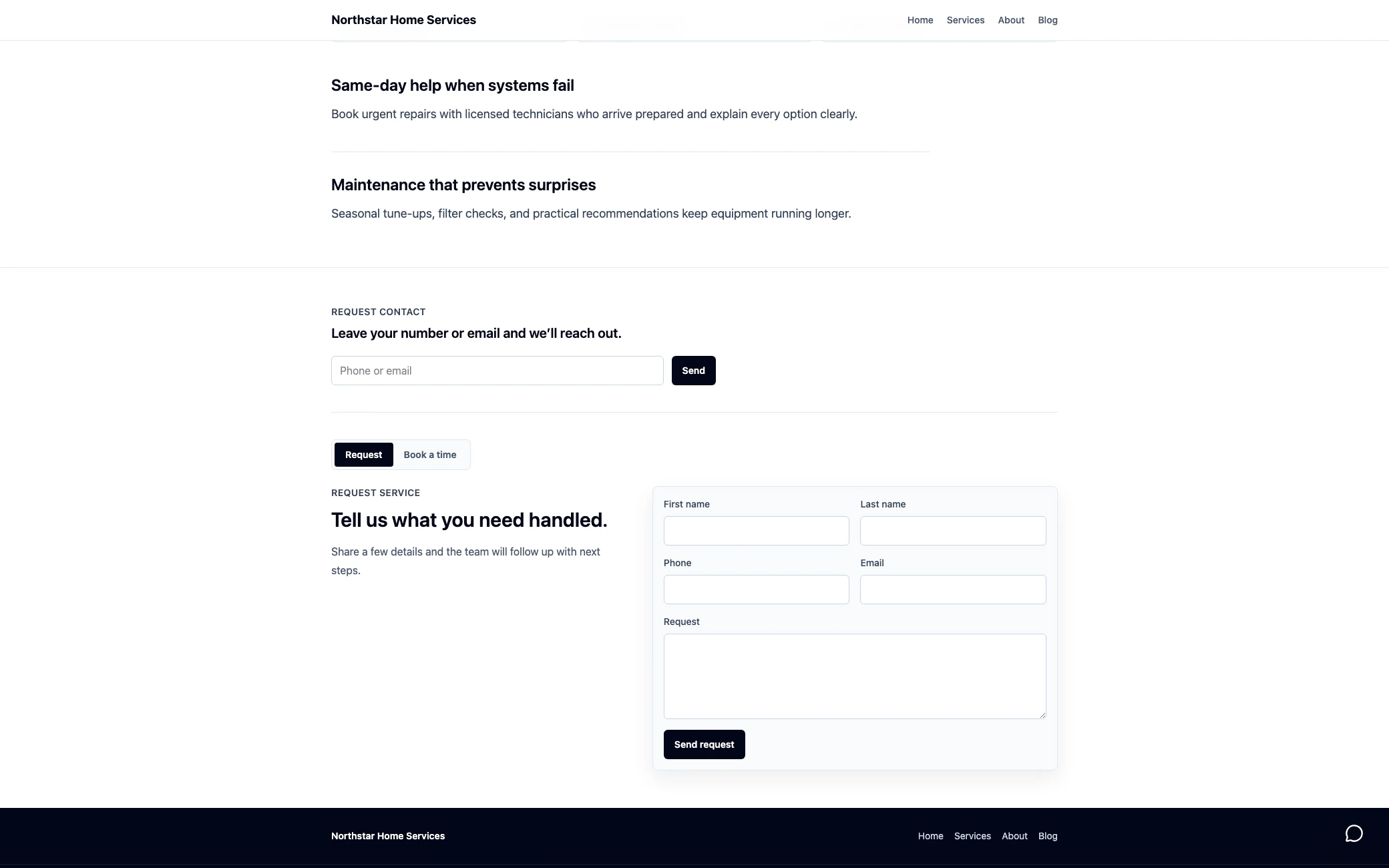 A tenant website contact form with name, phone, email, and message fields