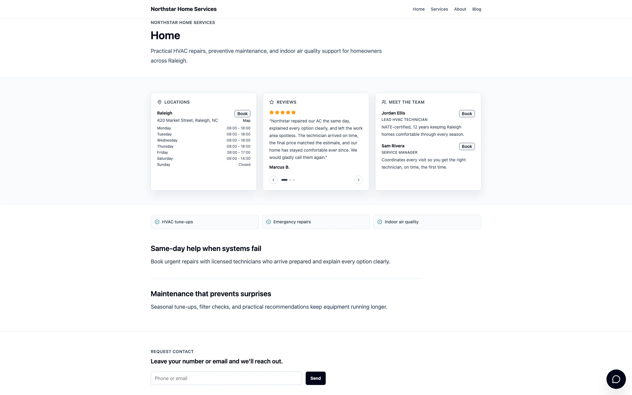 A tenant business homepage showing location, opening hours, customer reviews, and team members