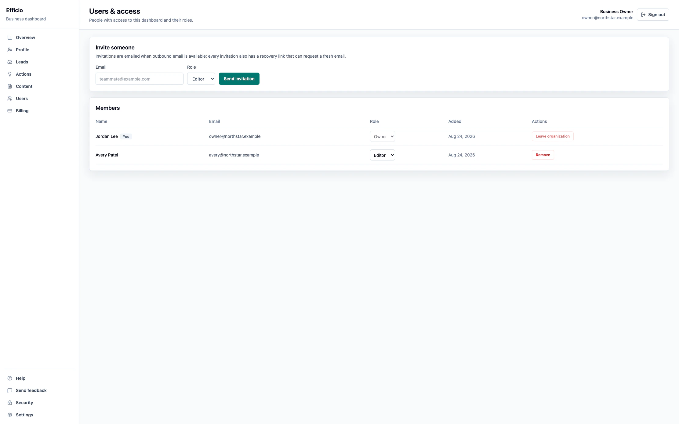 Efficio users and access screen showing team members with roles and an invite form